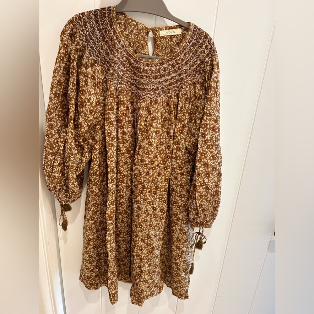 DOEN brown print flowy mini dress